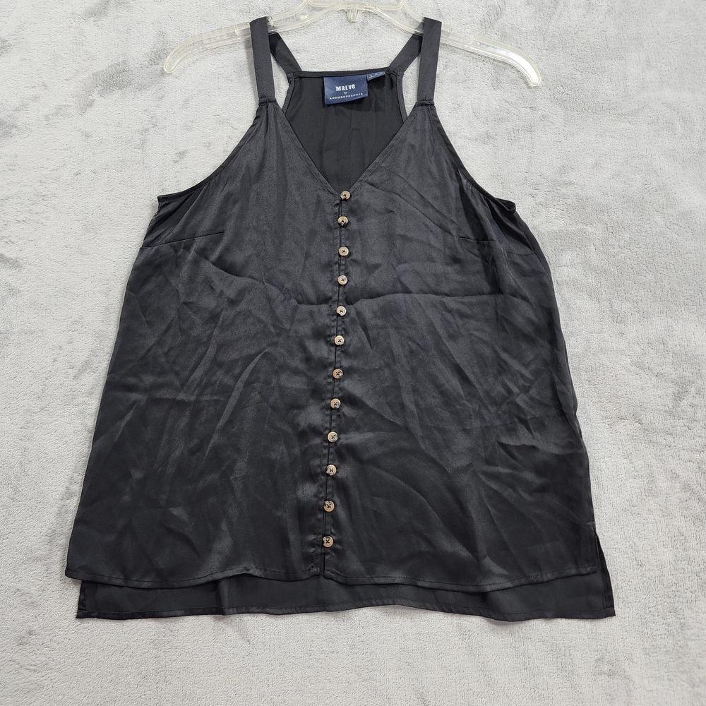 Maeve By Anthropologie Tank Womens 6 Black Satin V-Neck Racerback Cami Buttons
